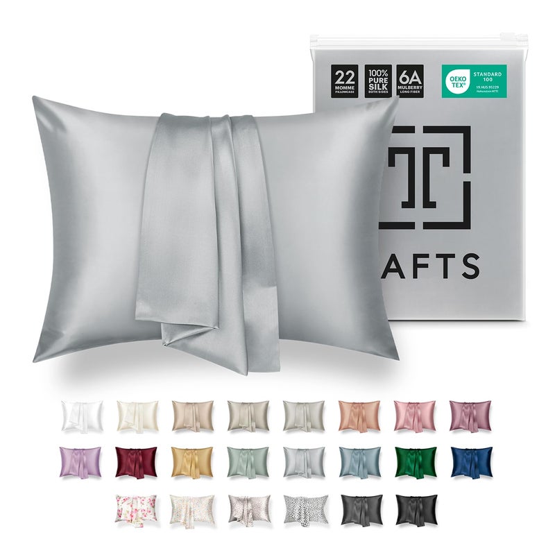 Tafts Pillow Cases - 22mm 100% Pure Mulberry 6A Silk Pillowcase for Hair & Skin with Zipper Closure, Cooling, Natural, Organic, Double Sided Silk Pillow Case (Silver Grey, King 20x36, 1pc) - Image 1